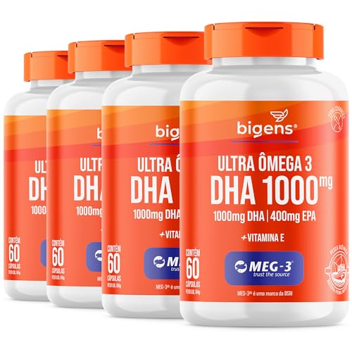 Ultra Omega 3, DHA 1000MG + EPA 400MG, Certificado Meg-3, 60 Cápsulas, Bigens (Kit 4, Com Vitamina E)