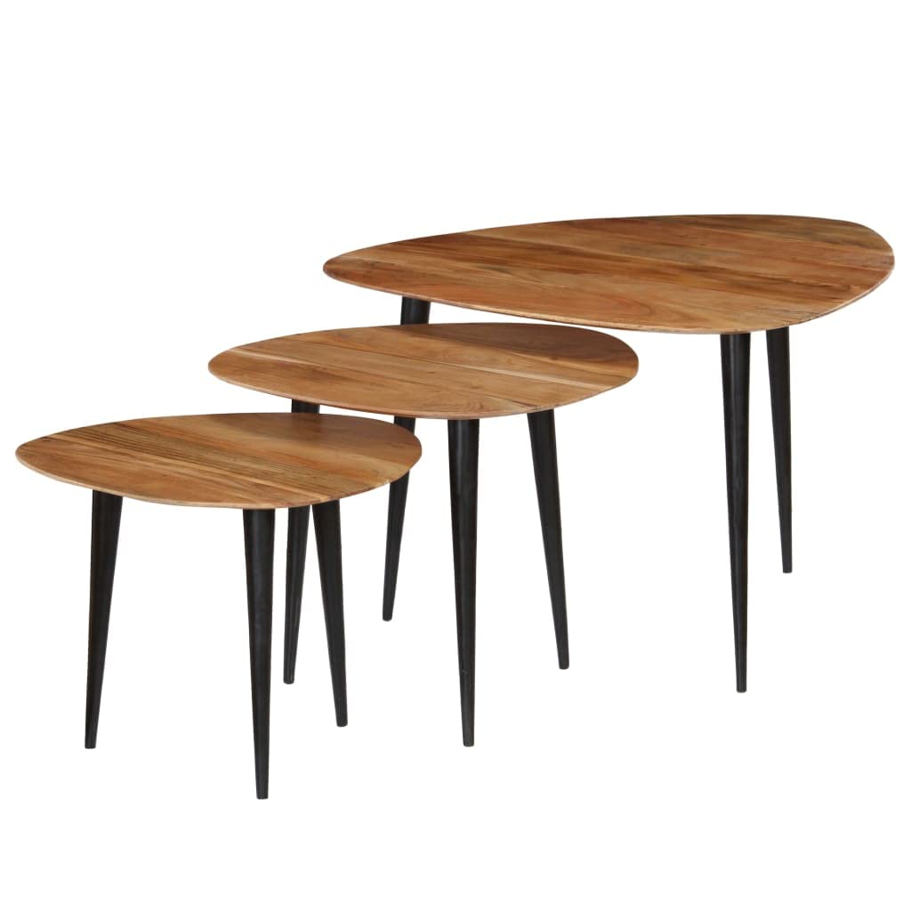 Juego de mesa de café de 3 piezas, madera de acacia, vintage, antigua, con patas de acero, 70 x 70 x 40 cm, 50 x 50 x 35 cm, 45 x 45 x 30 cm, triangular, ahorra espacio, hecha a mano, para