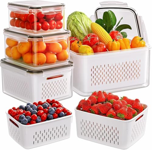 Fresh Food Storage Containers for Fridge - 3 Pack Fridge Storage Container with Drain Baskets - 4 In 1 Airtight Vegetable Storage Container for Salad Fruit Vegetables Meat Keeper Fresh (Gray)