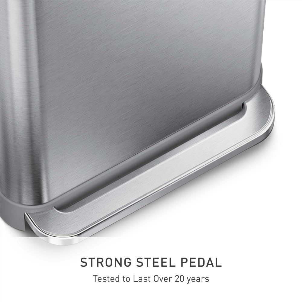 simplehuman CW2080 Cubo Rectangular con Pedal y almacén de Bolsas de Basura, Acero Inoxidable Cepillado con Tapa de plástico Gris, 45 L