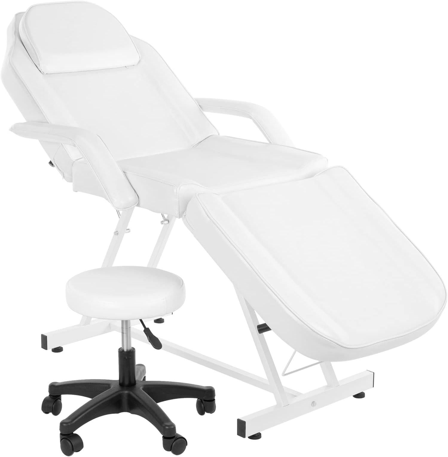 OmySalon Massage Salon Tattoo Chair Esthetician Bed with Hydraulic Stool,Multi-Purpose 3-Section Facial Bed Table, Adjustable Beauty Barber Spa Beauty Equipment, White