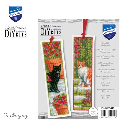 Image of Vervaco Cross Stitch Embroidery Kit for Adults, Cross Stitch Set Pre-printed with Embroidery Design on 100% Cotton Fabric, Embroidery Templates 2,4 x 8 Inches - 6 x 20 cm, Set of 2, Bookmark Kit, Cats