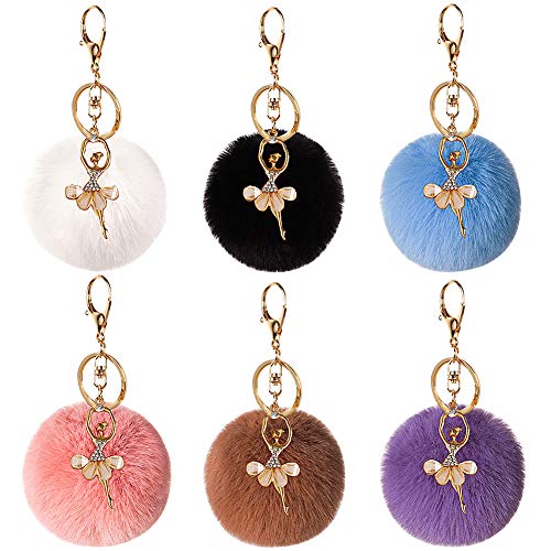 QSXX Pompon Llaveros, 6 Piezas Llaveros de Pompon,Lindo Colgante de Bola de Piel de Conejo Rex Bailarina de Diamantes de Imitación,Llavero,para Las Niñas,Bolso,Mochila,Teléfono Móvil Cover