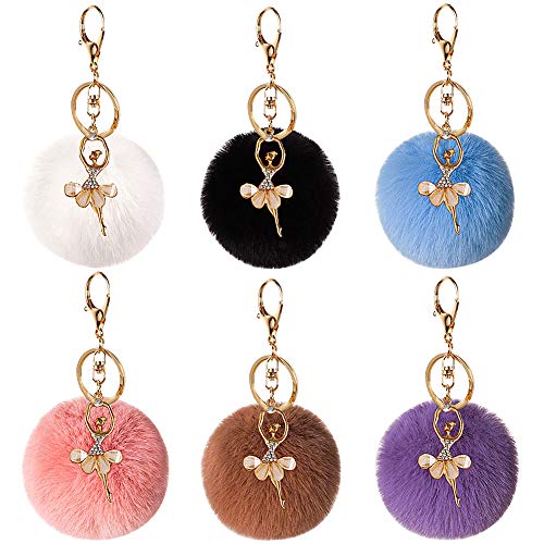 QSXX Peluche Portachiavi, 6 pezzi Pompom Chiave Catene,Portachiavi a Forma di Ballerina con Strass in Peluche Peluche Imitazione Coniglio Rex Portachiavi per Borse,Chiavi,Auto,per Regalo delle Donne