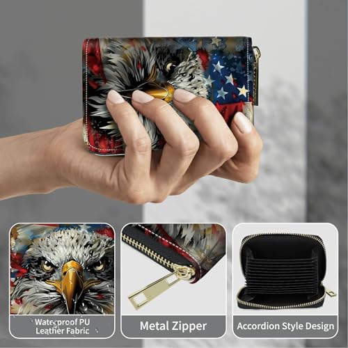 Image of Cute Credit Card Holder with Zipper, Eagle American Flag RFID-Blocking Card Case Small Wallet for Women Men, Multi-slot Card Organizer Case Travel Accordion Wallet