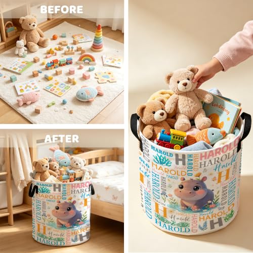Image of Custom Hippo Laundry Hamper, Personalized Laundry Basket with Name, Customized Dirty Clothes Basket for Clothes Toy Bathroom Bedroom Storage,S-16.5 inchX 13.8 inch