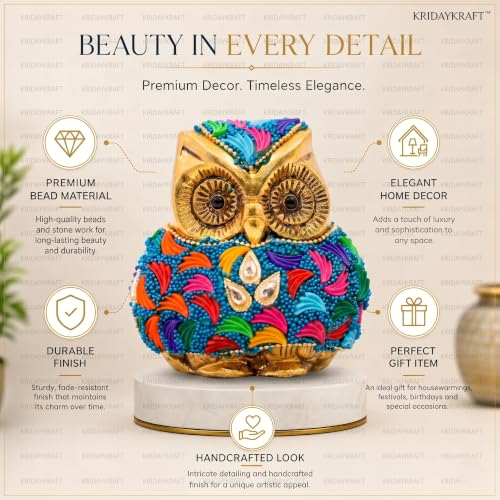 Image of Vintage Metal Owl Showpiece and Paper Weight Metal Handicraft Idol for Home Decor (Gold Stone)