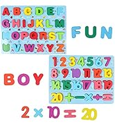 QZMTOY Wooden Puzzles for Toddlers, Kids Wood Numbers and Alphabets Chunky Puzzles, 2 in 1 Blue P...