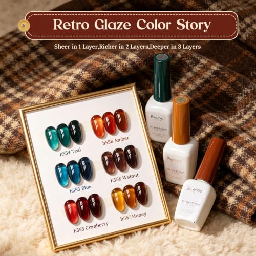 Image of Beetles Jelly Gel Nail Polish Set, Retro Glaze 6 Colors Fall Gel Polish | 9ML Amber Brown Blue Teal Burgundy Red Orange Sheer Gel Polish Kit with DIY Color Card Nail Charms Buttons Glitter for UV