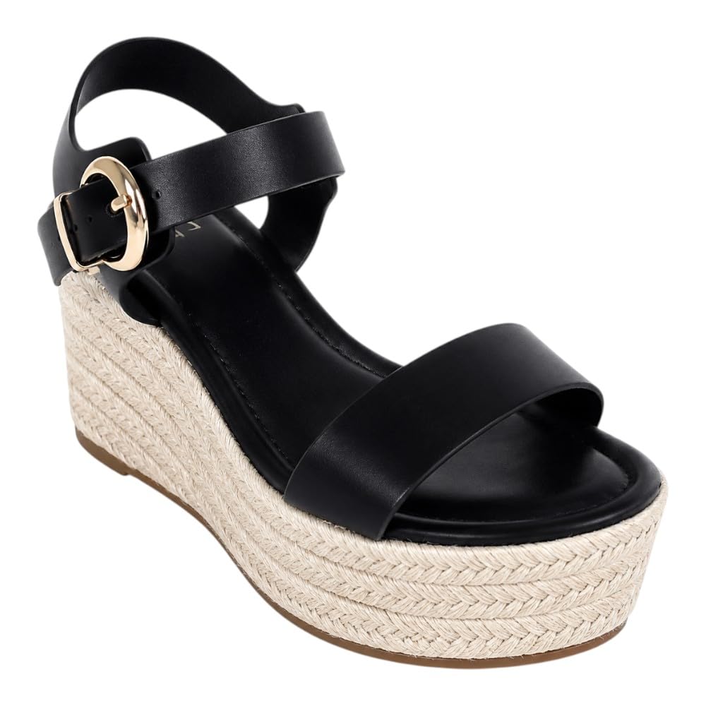 Women’s Espadrille Platform Wedge Sandal – Open Toe Ankle Strap Summer Heel 8.5 Black