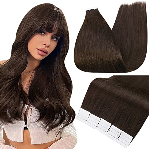 Fshine Brown Tape in Hair Extensions 18 Inch Real Hair Extensions Tape in Human Hair Color #2 Single Side Adhesive Hair Extension 50G 20 Pieces Glue in Hair Extensions for Thin Hair