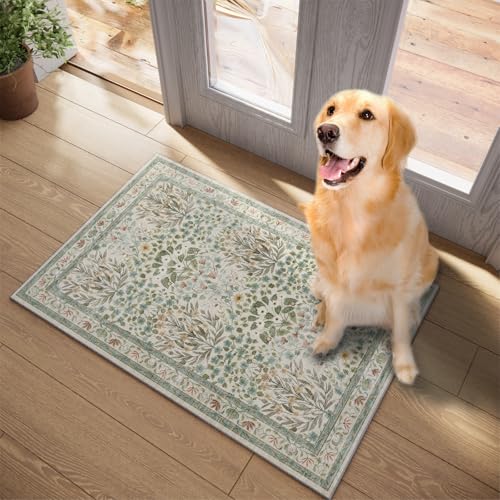 Image of Non-Slip Washable Entry Rug 2x3, Vintage Floral Indoor Front Door Mat for Entryway, Bathroom & Kitchen