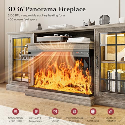 Image of MXV 80'' Fireplace TV Stand, Farmhouse Entertainment Center with 3 Sided Glass TV Stand, Modern Media Console Table with Storage Drawers & Cabinets with LED Flame and Lights for Living Room, Gray