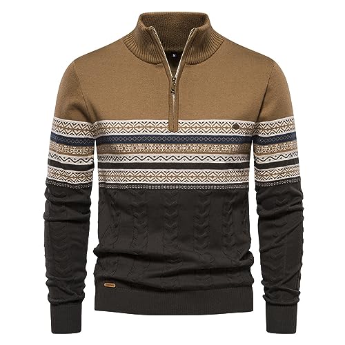 Men's Half Zipper Pure Cotton Knitted Pullover Sweater, Color Blocked Pattern, Long Sleeve, 95% Cotton, Slim Fit