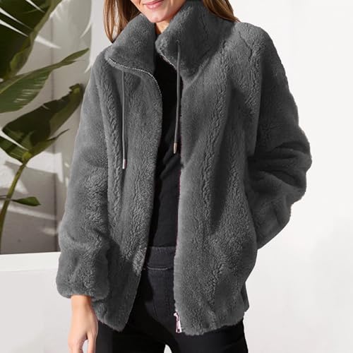 Womens Warm Fuzzy Zip Up Jackets Oversized Sherpa Standing Collar Jacket with Pockets Faux Fur Winter Coats Outwear2