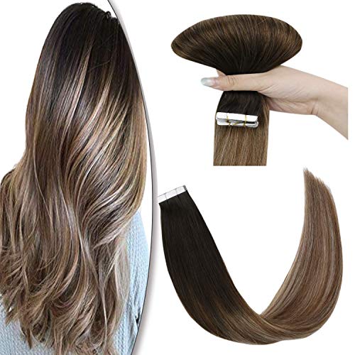 YoungSee 20inch Tape in Hair Extensions Remy Human Hair Balayage Ombre Darkest Brown to Medium Brown with Ash Blonde Straight Tape Hair Extensions 20pcs/50g