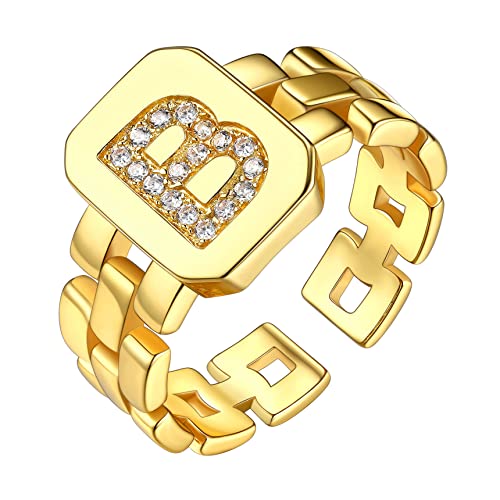 Bestyle Anillo Sello de Letra B Inicial Anillo Abierto con Zirconia Cúbica, Anillo Abierto Sello Simple de Cobre Tamaño Ajustable, Anillo Sello Abierto de Moda para Hombre Mujer