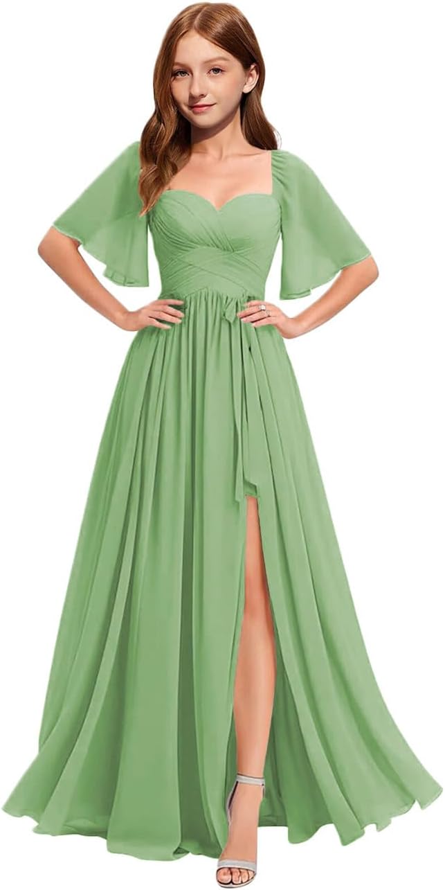 MRHUSH Junior Bridesmaid Dresses Flutter Sleeve Chiffon Flower Girl Dress Long Pleated A-Line Girls Formal Dress with Slit - Image 5