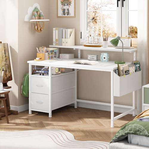 Klyvvo Schreibtisch mit 2 Schubladen Bieten Stauraum, Computertisch, 100x48 Schreibtisch mit Monitorständer, 2 Ablagehaken, Kompakte Maße Passen Gut in Studierende, Home-Office-Arbeiter, Weiß