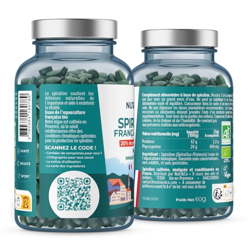 NUTRI & CO Spiruline BIO 100% Française - Cultivée en Provence - 20% de Phycocyanine - Riche en Protéines Vitamine B12 & Antioxydant - 120 comprimés de 500 mg Vegan Sans Excipients – vue 2
