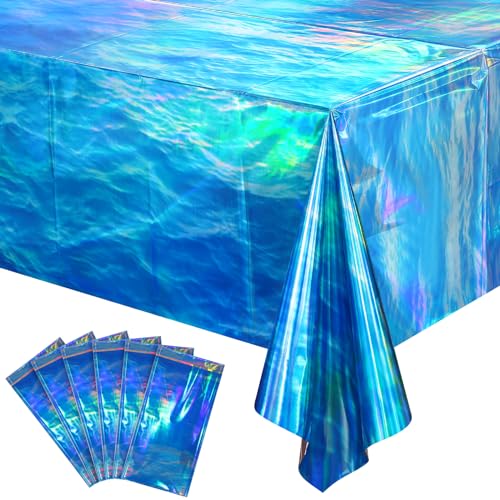 Image of Hallswl 6Pcs 54 x 108 Inch Iridescent Ocean Waves Plastic Tablecloths | Disposable Blue Table Cloth Rectangle Table Covers for Under the Sea Beach Pool Party Birthday Party Decorations