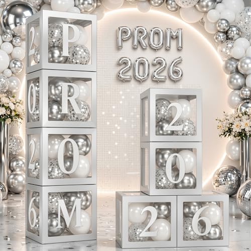 OLANRUN Prom Decorations 2026 Balloons Boxes 4 Pcs Silver Balloon Boxes with 18 Pcs Balloons and Prom 2026 Balloon & Cards Class of 2026 Graduation Decorations for High School College