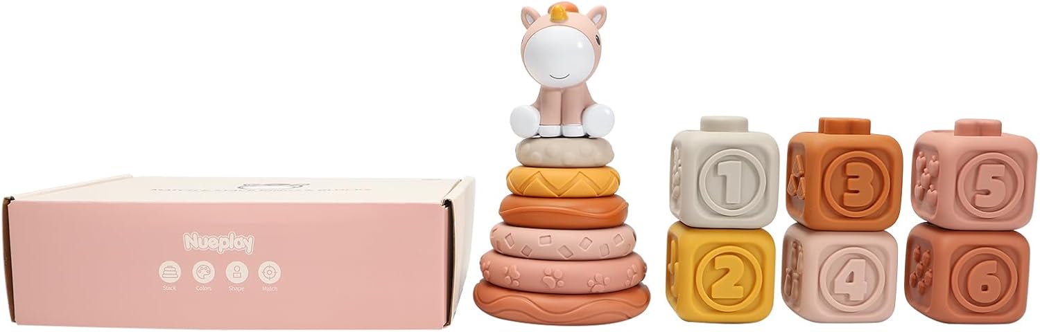 Nueplay Soft Stacking Toys & Jigsaw Puzzles for Baby Girls — 12PCS Cube-Type Puzzles, Sensory Rings & Shape Blocks Set with Unicorn Topper, Montessori Learning Playset for 1 Year Old