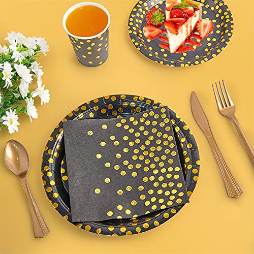 210 Piece Golden Dot Disposable Party Dinnerware Set 30 Guest -Black Paper Plates Napkins Cups,Gold Plastic Forks Knives Spoons,Focusline Black And Gold Party Supplies For Graduation Birthday Wedding #TOP6