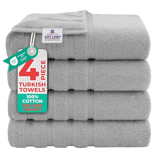 American Soft Linen Luxury 4 Piece Bath Towel Set, 600 GSM 100% Cotton Turkish Bath Towels for Bathroom, 27x54 in Large Bathroom Shower Towels, Light Grey