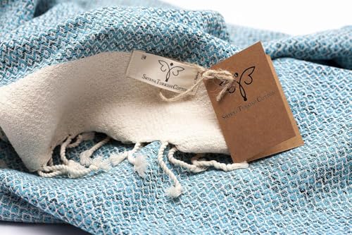 SMYRNA TURKISH COTTON Throw Blanket Vintage Series, 50x60 inch, Outdoor Blankets, Throws and Blankets for Couch, Sofa, Bed, Chair, Beach Picnic, Travel Boho Turkish Blanket Throw, Turquoise - Thumbnail 2