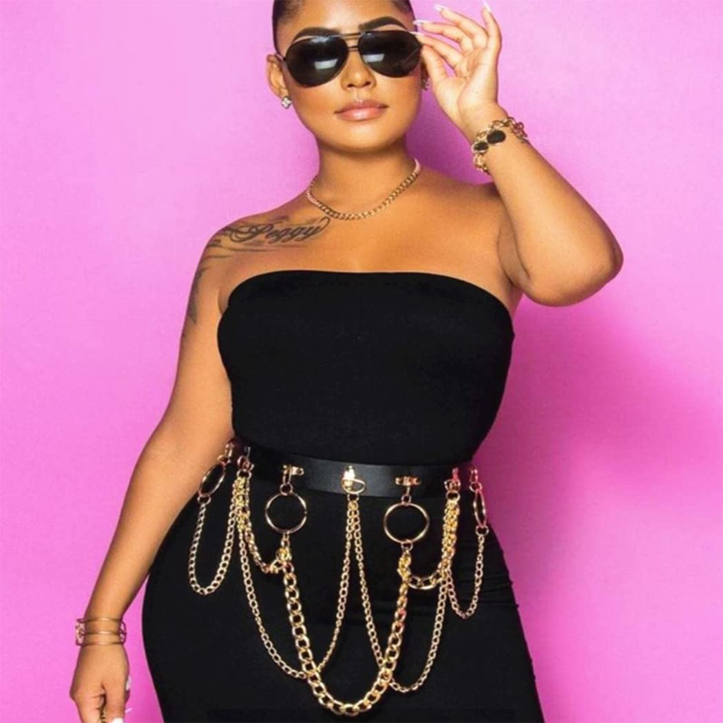 Black Leather Waist Chain Belt Gold Body Chain Punk Rave Accessories Fashion Body Jewelry for Women