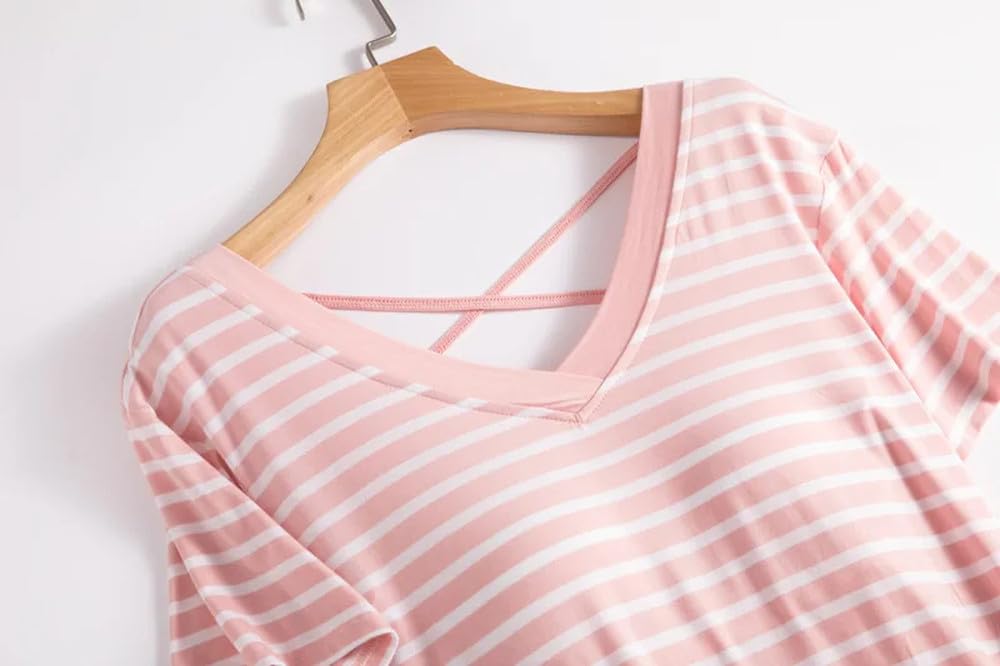 Camisón Para Mujer - Ropa De Dormir Holgada De Talla Grande Para Mujer, Vestido De Dormir A Rayas De Verano Para Mujer, Vestidos De Dormir Con Almohadilla En El Pecho De Manga Corta, Camisones De