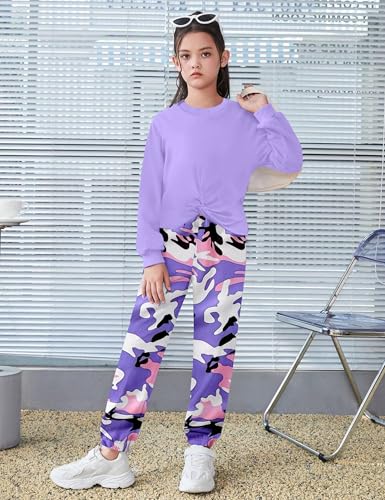 Image of NECIOUS Girls Fall Outfits 2 Piece Fashion Twist Front Pullover Sweatshirt and Camo Pants Clothing Sets 5-14Y