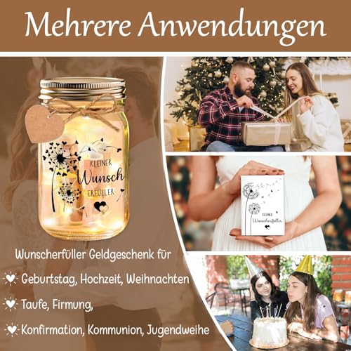 Leboria Wunscherfüller Geldgeschenk – LED Flaschenlicht Pusteblume, Geldgeschenke Verpackung Weihnachten Geburtstag Hochzeit Konfirmation Jugendweihe, Personalisierte Geschenke für Frauen Männer