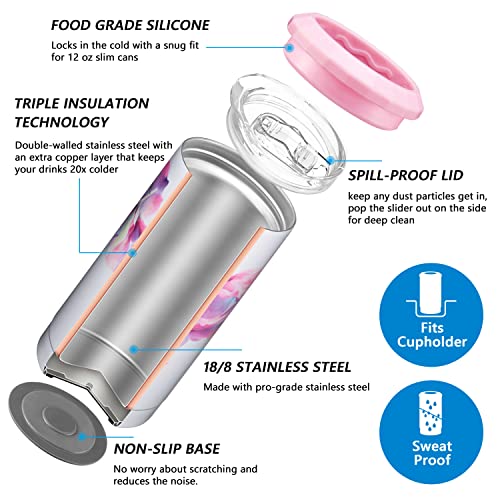 Vacuum Insulated Skinny Can Cooler - Thily Stainless Steel Drink Sleeve Holder For Slim Beer & Hard Seltzer | 2 In 1 Insulated Travel Tumbler With Lid, Fits 12 Oz Slim Cans, Pink Lilies #TOP2