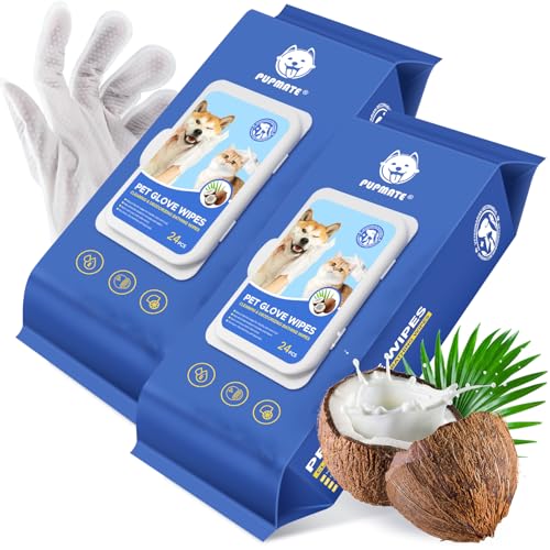 Image of Pet Cleaning Glove Wipes for Dogs & Cats, Hypoallergenic Deodorizing Disposable No-Rinse Grooming Wipes, Wipes, Perfect for Pet Dry Cleaning, Daily Care and Travel, Coconut Scent, 48 pcs