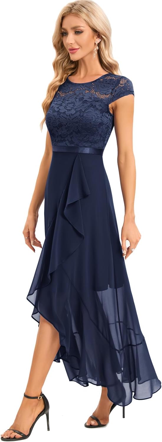 Bbonlinedress Women Short Sleeve Formal Wedding Prom Evening Party Long Ruffle Split Hi-Lo Cocktail Bridesmaid Dress