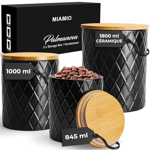 MIAMIO - Set de 3 boîtes de conserve pour le comptoir de cuisine, boîte de conserve en céramique avec couvercle en bois hermétique - parfait pour le café,...