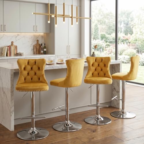 Modern Bar Stools Set of 4 Adjustable Height 2533 Tufted Swivel Counter Height Chairs with Nailhead Trim 360 Swivel Velvet Barstools for Kitchen Island Home Bar Pub (Yellow Silver Base)