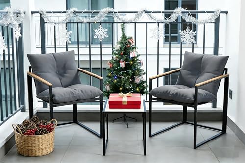 3 Piece Patio Bistro Set, Small Outdoor Furniture with Heat-Resistant Wood Armrests & Breathable Textilene Chairs, Glass Side Table & Thick Cushions for Apartment Balcony, Porch, and Garden (Gray)