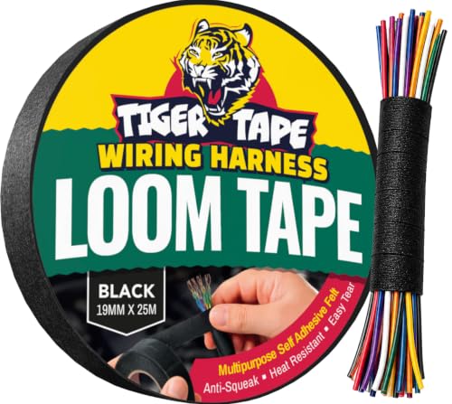 Tiger Tape Car Wiring Harness Loom Tape. Anti-Squeak Anti-Rattle Heat Resistant High Tack Adhesive. Cable Wrapping for Cars Campervans Caravans & Electrical Wiring 19mm x 25m