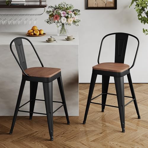 Andeworld Metal Bar Stools Set of 2, 24 inch Counter Height Barstools with Backs Farmhouse Modern High Back Bar Stools with Larger Seat Kitchen Dining Bar Chairs,Matte Black