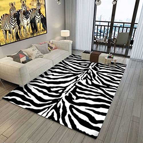 KUNOVO Tapis de Salon Poils Ras Moderne Texture de zèbre Blanc Noir Tapis de Doux au Toucher Ornements pour Porte d'entrée Intérieure de Couloir Antidérapant, Dimension:160x230cm