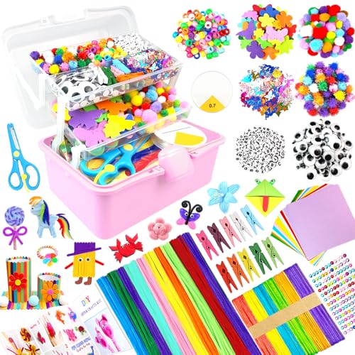 BNUZEIYI Lavoretti Creativi per Bambini DIY Art Craft Set Scatola Lavoretti Bambini a 3 Strati Scovolini Materiali per Scuola Regali Giochi Creativi Ragazzo Ragazza 4-8, 8-12 Anni, Rosa