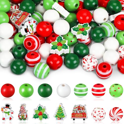 FairySandy 240 Pcs Christmas Wooden Beads Craft 0.63 Inches Hanging Red Green White Santa Christmas Tree Deer Candy Snowman Beads with Ropes for Home Xmas Garland DIY Making Decor 15 Style