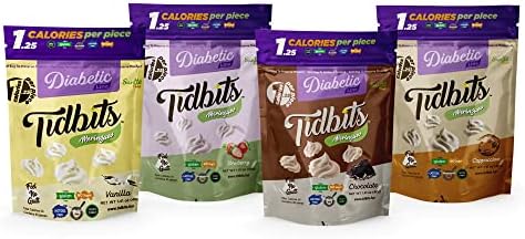 TIDBITS FUN BITES Meringues DIABETIC The Original Pack, Low Carb, Low Calorie, Gluten-Free, Sugar-Free, and Dairy-Free Healthy Snack – Pack of 4 (Vanilla, Strawberry, Chocolate, and Cappuccino)