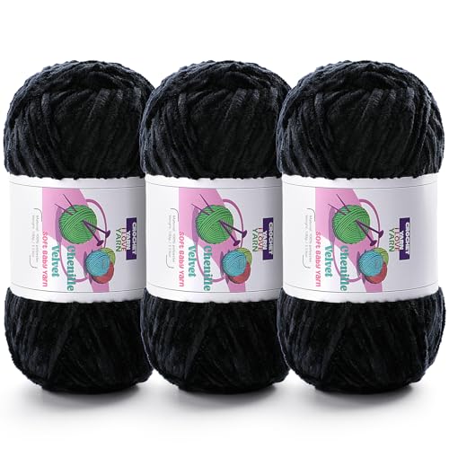 Image of 3 Skeins Soft Fluffy Velvet Yarn, Chenille Chunky Yarn for Hand Knitting and Crocheting DIY Craft, Amigurumi Crochet Yarn(3x196.8yds, 3x3.5oz) (Black)