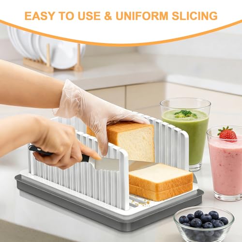 Image of Kiss Core New Upgrade Bread Slicer for Homemade Bread with Adjustable Width | Bread Slicing Guide Foldable and Compact Cutting Guide with Crumb Tray Suitability for Homemade Bread Bagel Cakes