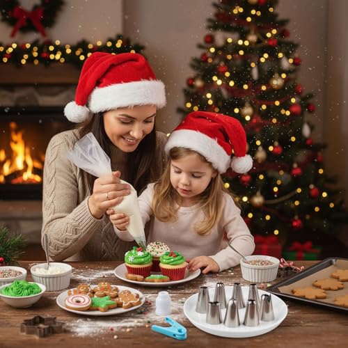 Foto von HAKACC Einweg Spritzbeutel Set, 100 Stück Spritzbeutel mit 6 Edelstahl Tüllen, 1 Adapter und 1 Clip, Backzubehör für Weihnachtsbäckerei, Cupcakes, Kuchen Deko und Gebäck
