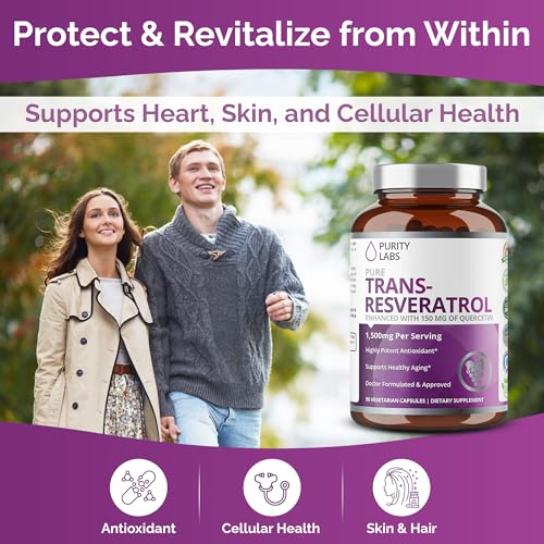 purity labs pure organic trans resveratrol supplement with quercetin vegan antioxidant nutritional supplements for heart skin hair nails  sourced from japanese knotweed  90 capsules